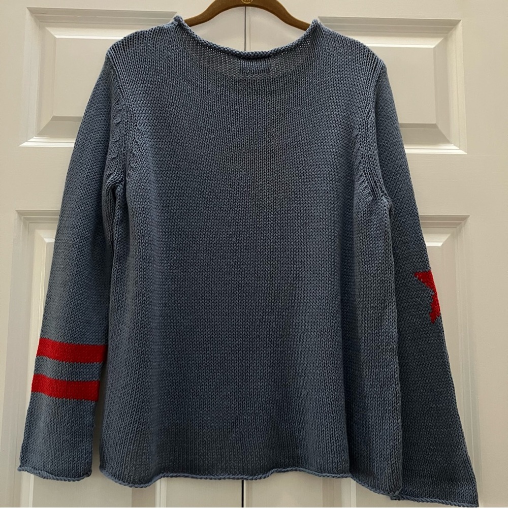 Wooden Ships Stars and Stripes Sweater USA Patriotic Blue Red Cotton Blend M/L - Picture 3 of 6